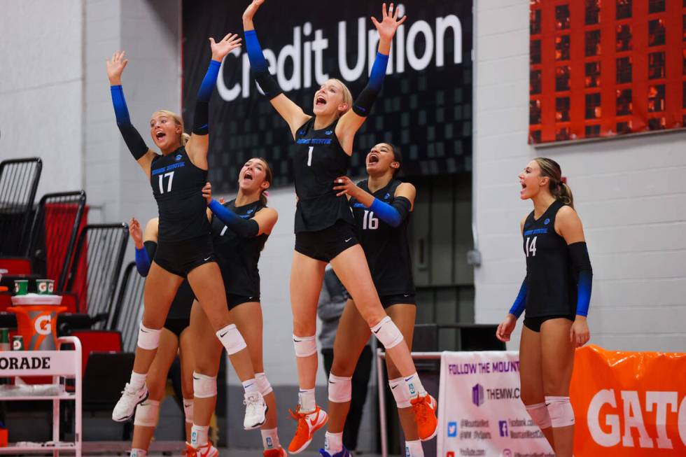 Boise State players dance during a first round game in the Mountain West Volleyball Championshi ...