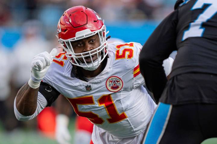 Carolina Panthers offensive tackle Ikem Ekwonu (79) plays against Kansas City Chiefs defensive ...