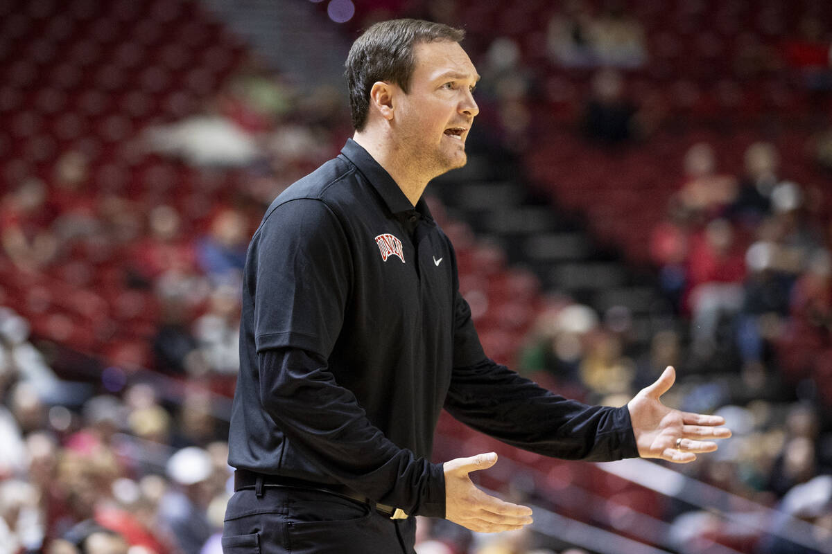 UNLV head coach Kevin Kruger yells during the college basketball game against the Omaha Maveric ...