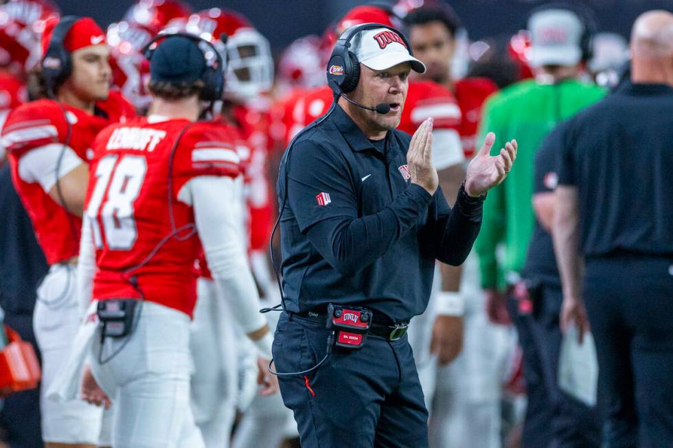 UNLV head coach Barry Odom applauded his teams effort against the Boise State Broncos during th ...