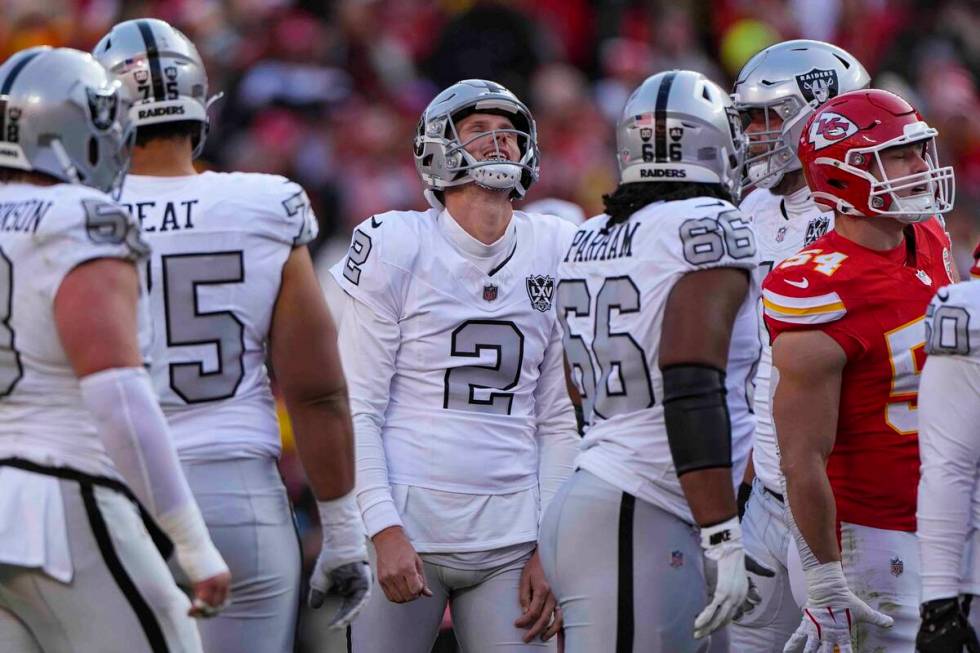 Las Vegas Raiders place kicker Daniel Carlson (2) reacts after missing a field goal against the ...