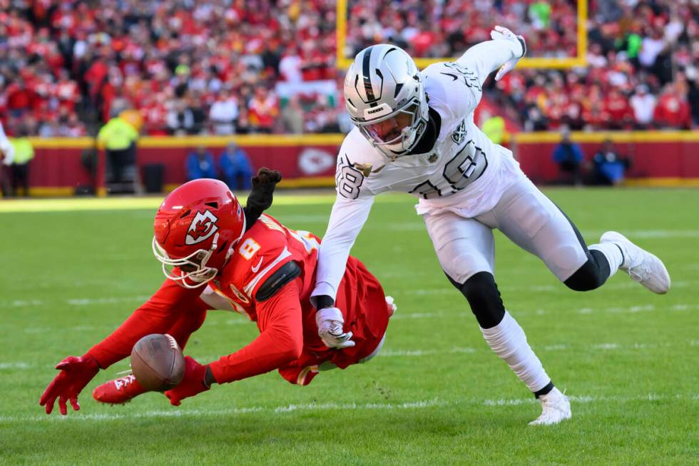 Las Vegas Raiders cornerback Jack Jones (18) was called for defensive pass interference on a pl ...