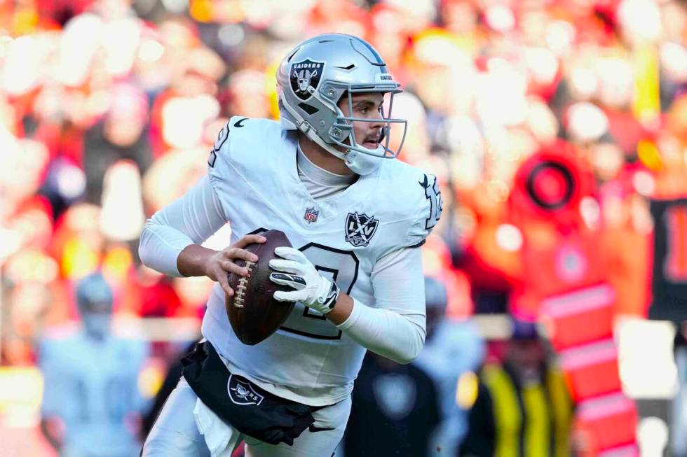 Las Vegas Raiders quarterback Aidan O'Connell (12) throws against the Kansas City Chiefs during ...