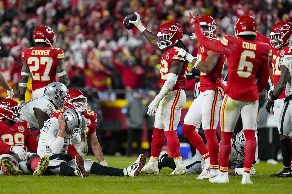 Kansas City Chiefs linebacker Nick Bolton (32) holds the recovery ball after a fumble by the La ...