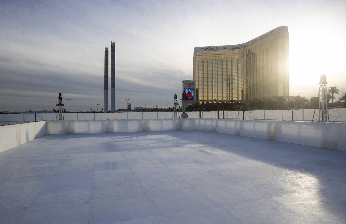 Setup continues before the opening of Christmas on the Strip, Friday, Nov. 29, 2024, in Las Veg ...