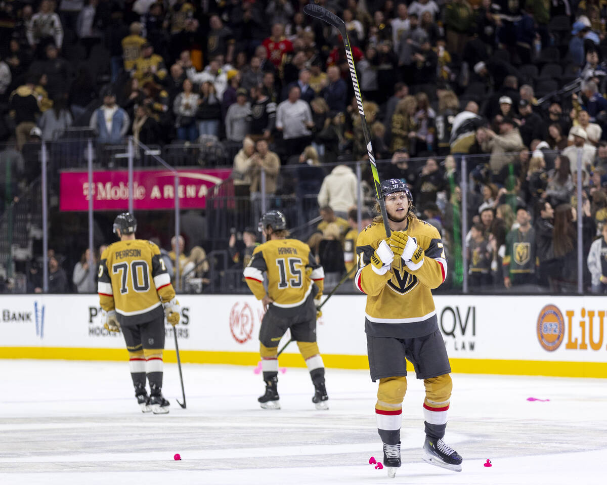 Golden Knights center William Karlsson (71) thanks the fans after winning the NHL hockey game a ...