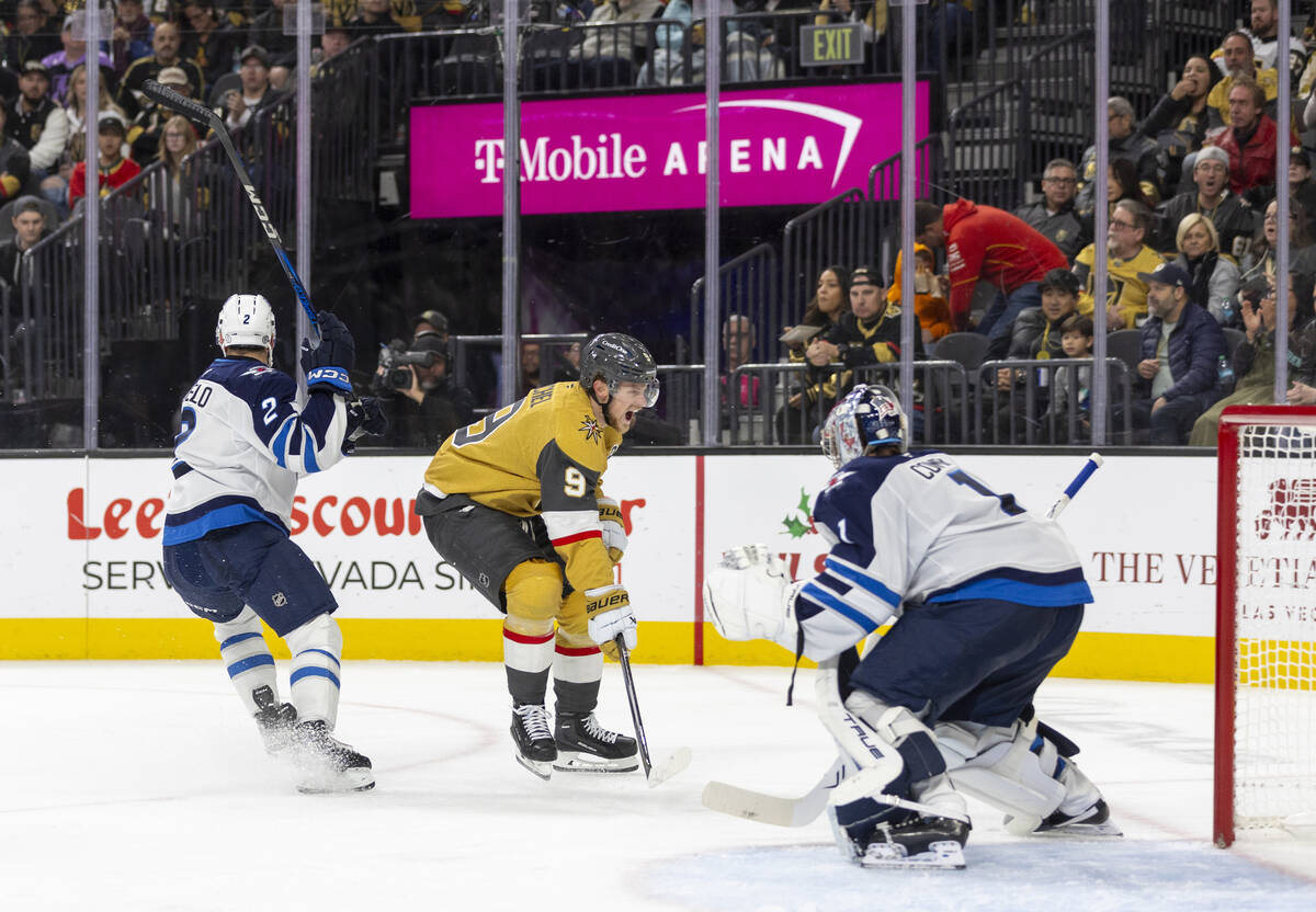 Golden Knights center Jack Eichel (9) reacts after having a shot blocked during the NHL hockey ...