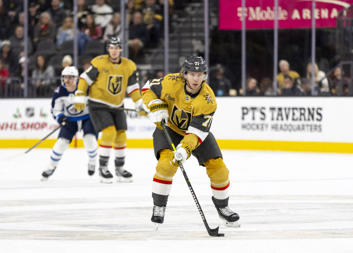 Golden Knights center William Karlsson (71) controls the puck during the first period of the NH ...