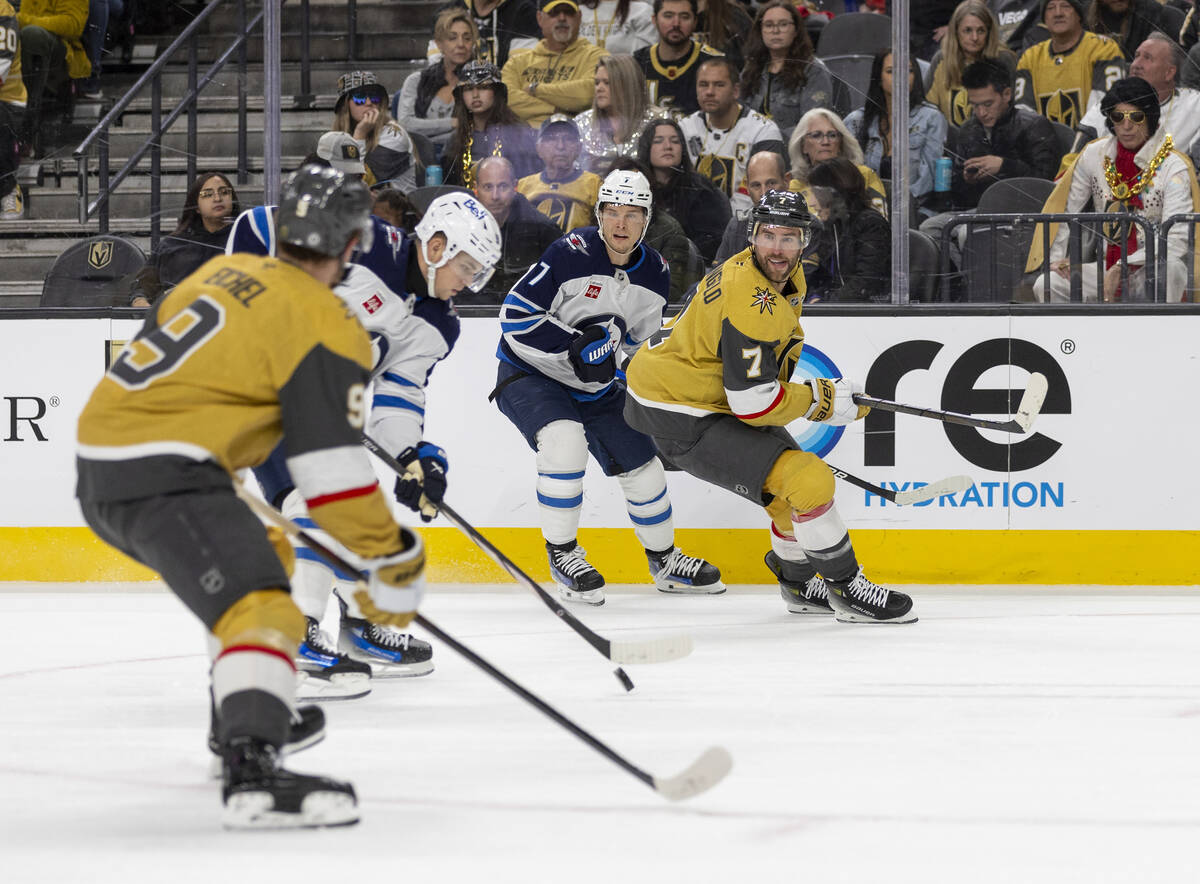 Winnipeg Jets center Vladislav Namestnikov (7) and Golden Knights defenseman Alex Pietrangelo ( ...