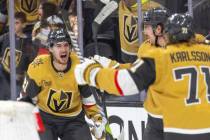 Golden Knights center Brett Howden (21) celebrates a goal during the NHL hockey game against th ...