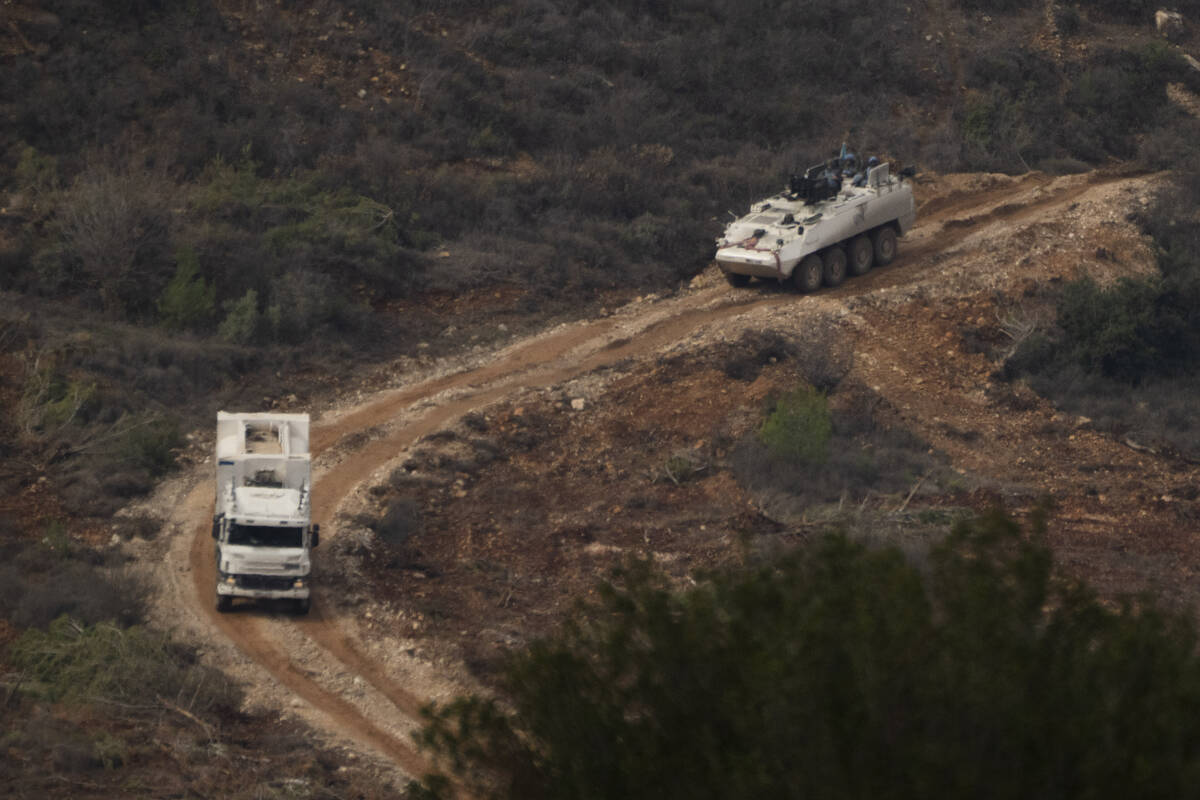 A convoy of the United Nations peacekeeping forces in Lebanon (UNIFIL) drives on area along the ...