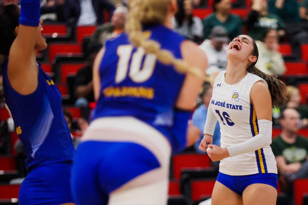 San Jose State libero Alessia Buffagni (16) celebrates a point during the Mountain West Champio ...