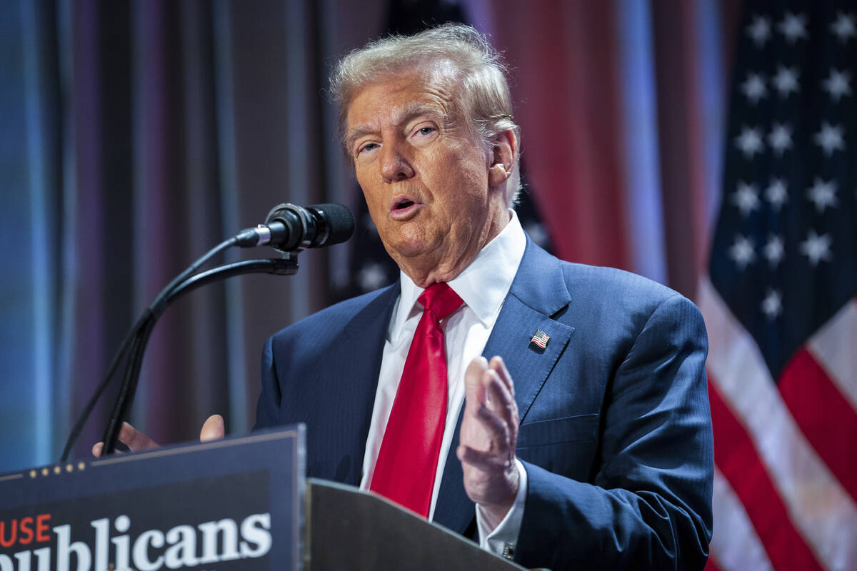 FILE - President-elect Donald Trump speaks during a meeting with the House GOP conference, Nov. ...