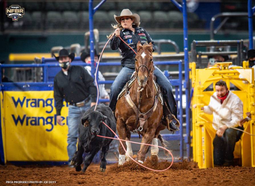 Jackie Crawford won the inaugural Wrangler NFBR in 2020 in Arlington, Texas. (WPRA photo by Joe ...