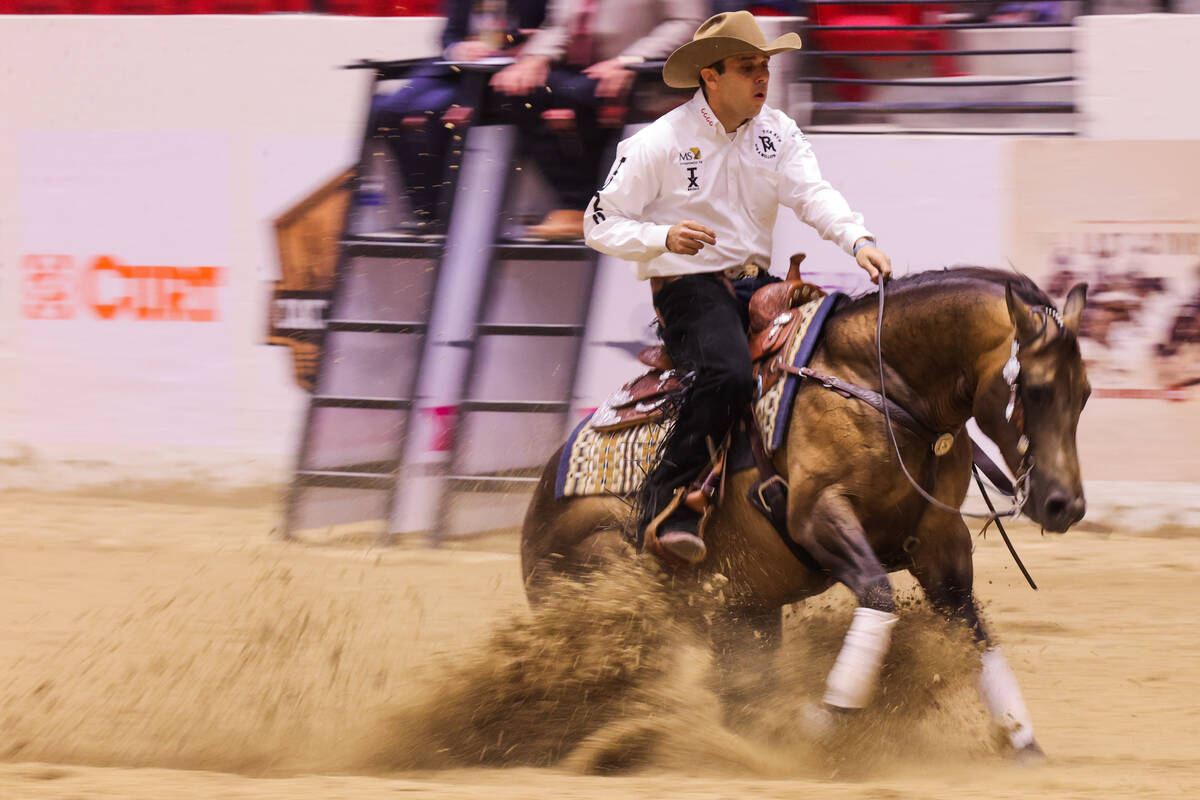 Fernando Salgado rides Xtra Wimp It Good during The Run For A Million competition at the South ...