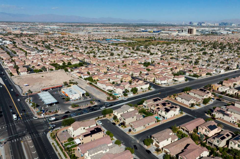 An aerial view of housing as seen from the corner of Fort Apache and Warm Springs Roads, on Mon ...