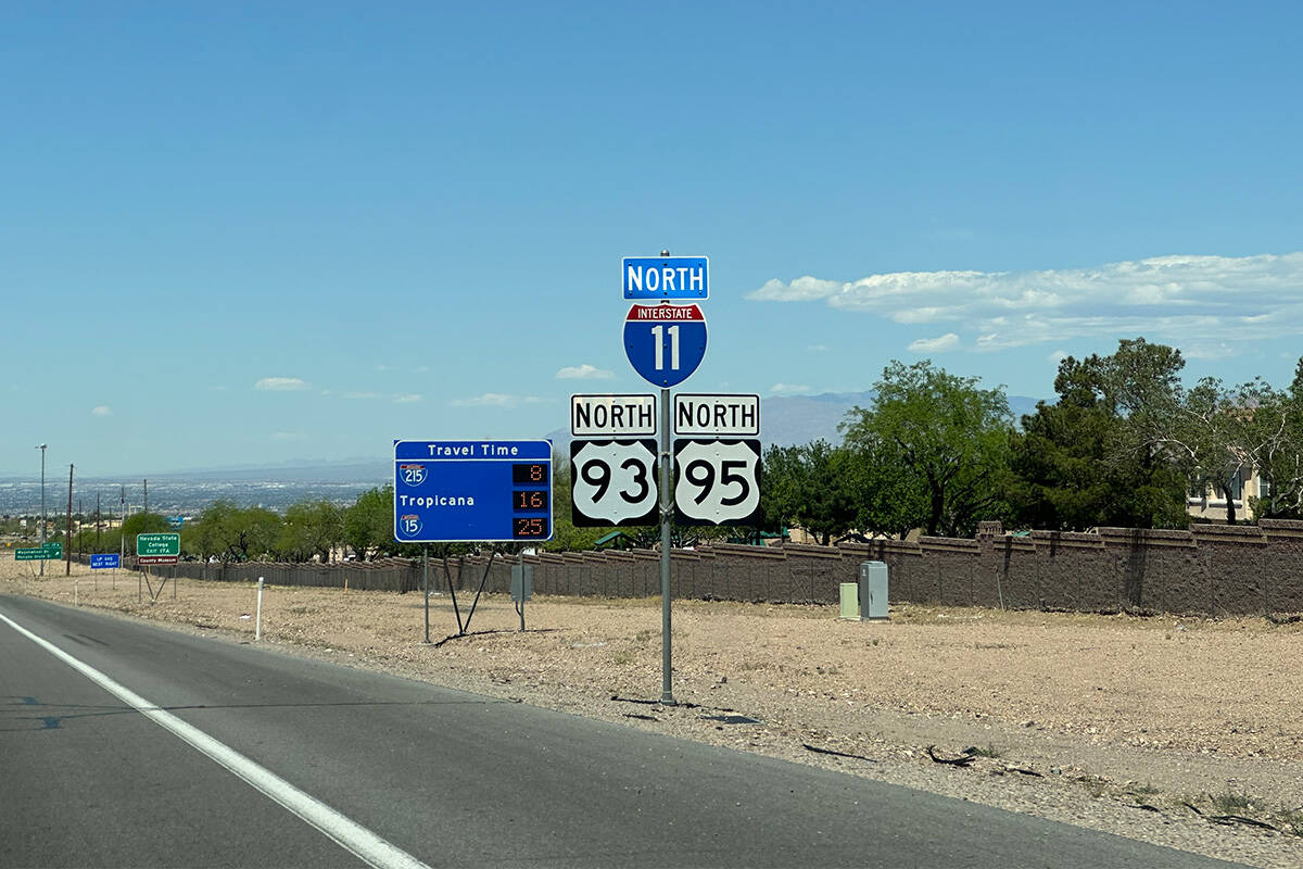 FILE - An Interstate 11 road sign on in Henderson on April 21, 2024. (Mick Akers/Las Vegas Revi ...