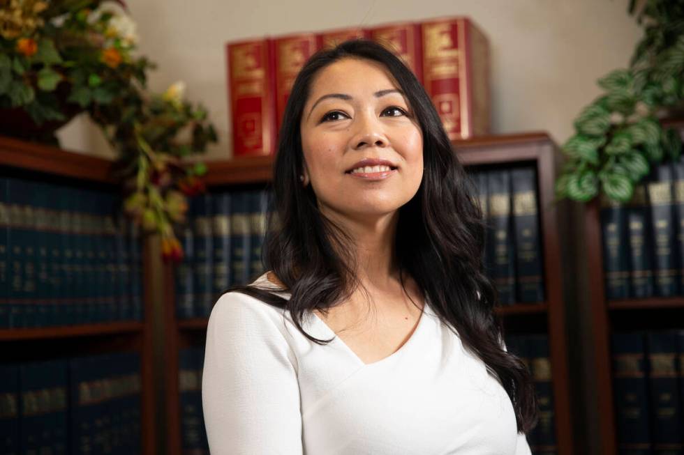 Then-North Las Vegas City Attorney Micaela Moore poses for a portrait at North Las Vegas City H ...