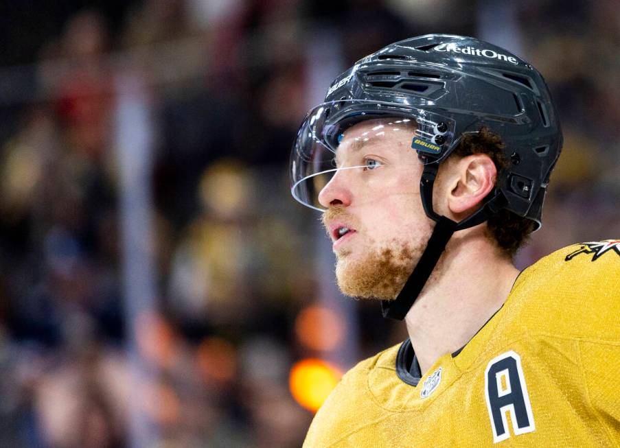 Golden Knights center Jack Eichel prepares for a face-off during the NHL hockey game against th ...