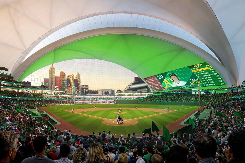 This is an undated artist’s rendering of the proposed baseball stadium for the Athletics to b ...