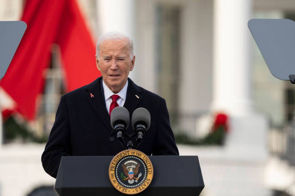 President Joe Biden speaks on the South Lawn of the White House during a ceremony to commemorat ...