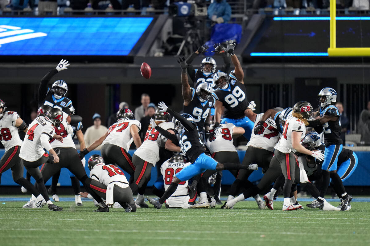 Tampa Bay Buccaneers place kicker Chase McLaughlin kicks the game winning field goal against th ...