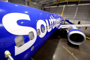 A retrofitted Southwest Airlines passenger jet is shown in a hangar at Love Field on Sept. 26, ...