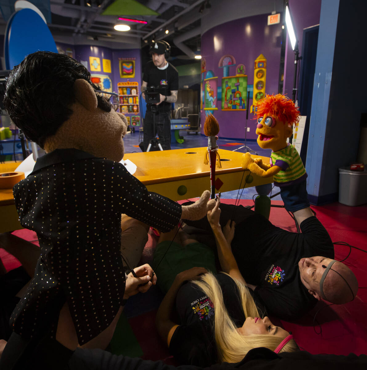 Andy Walmsley, right, puppeteers Artie alongside Amy Walmsley, puppeteering Betty Brush, as the ...