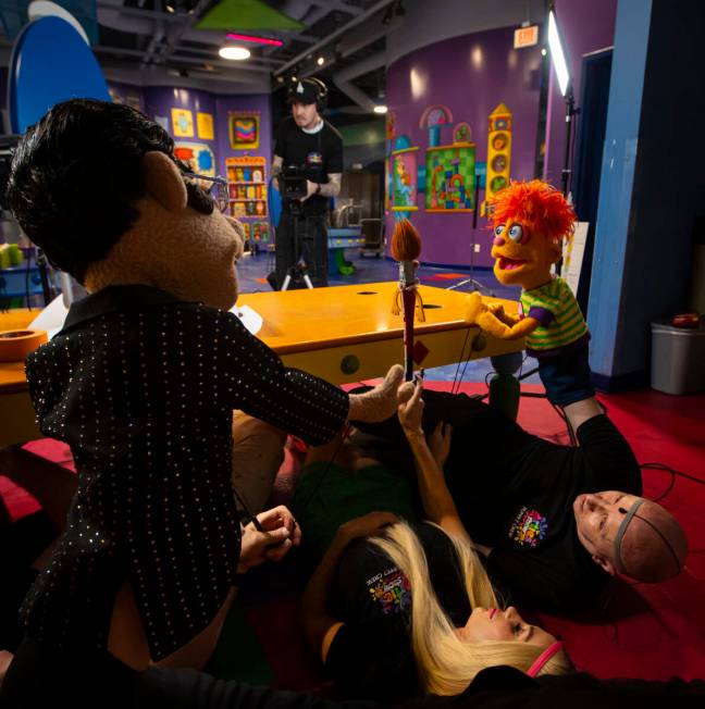 Andy Walmsley, right, puppeteers Artie alongside Amy Walmsley, puppeteering Betty Brush, as the ...