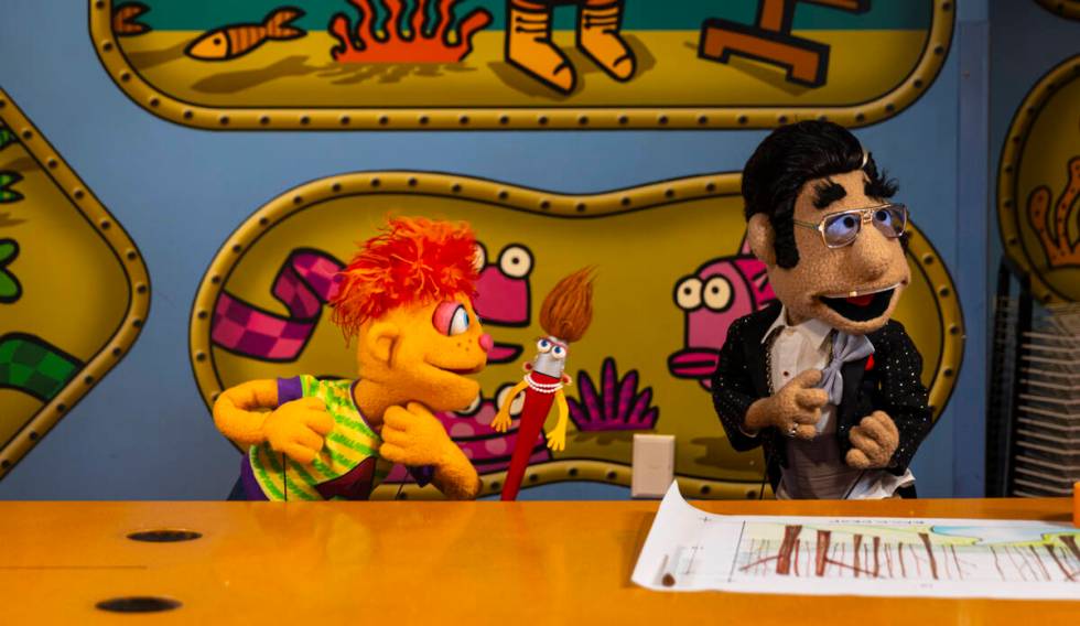 Puppets, from left, Artie, Betty Brush, and Louis are seen while recording an episode of " ...