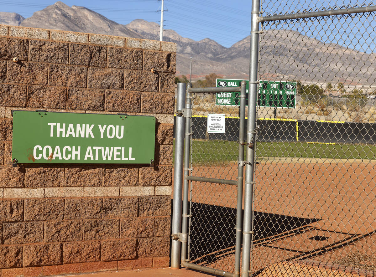 A sign thanking Coach Atwell is seen at the Palo Verde Panthers's softball field, on Monday, De ...