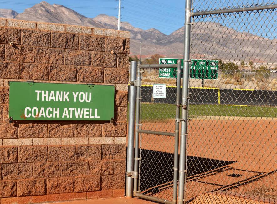 A sign thanking Coach Atwell is seen at the Palo Verde Panthers's softball field, on Monday, De ...