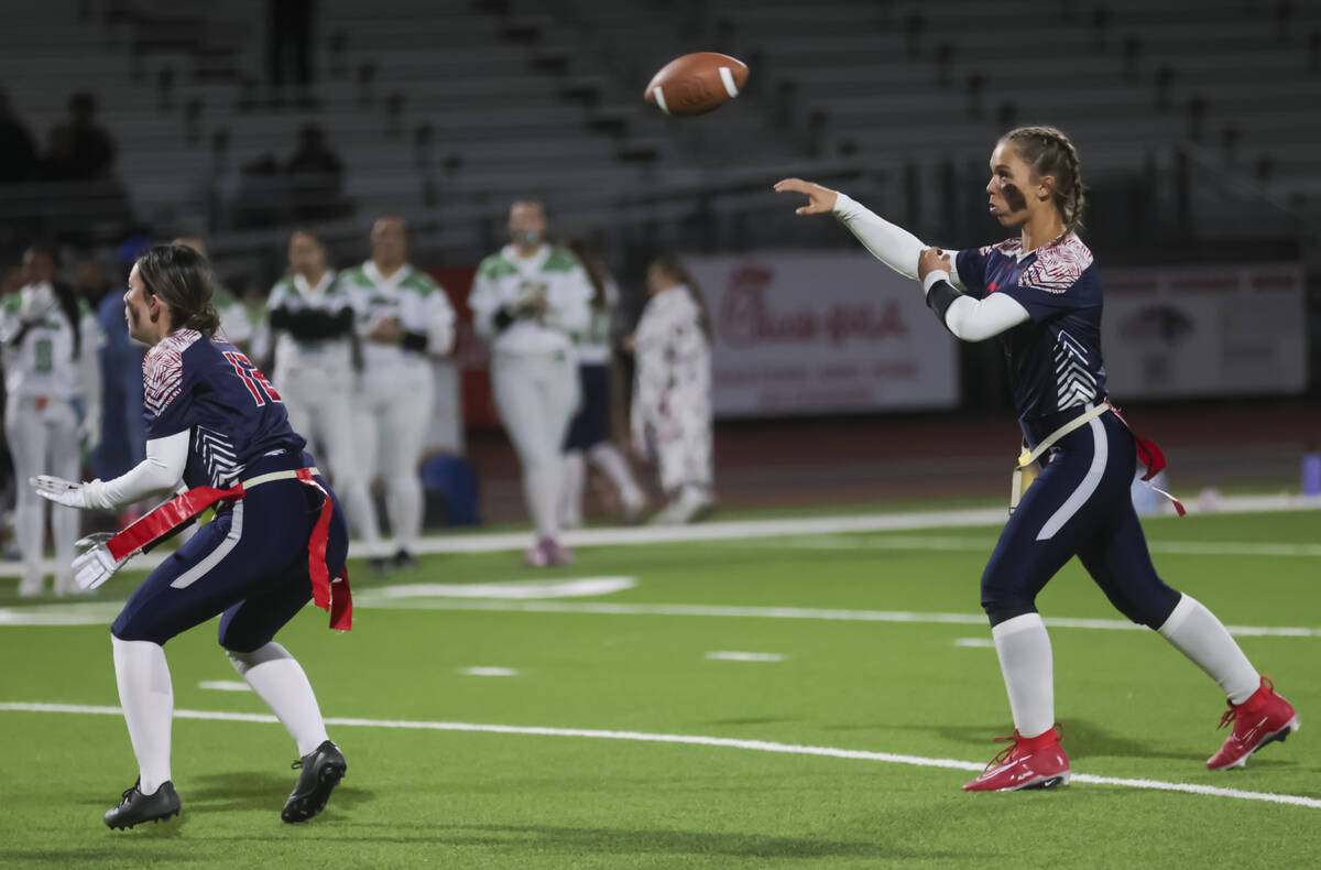 Coronado's Bailey Goldberg throws a pass while playing Green Valley during a flag football game ...