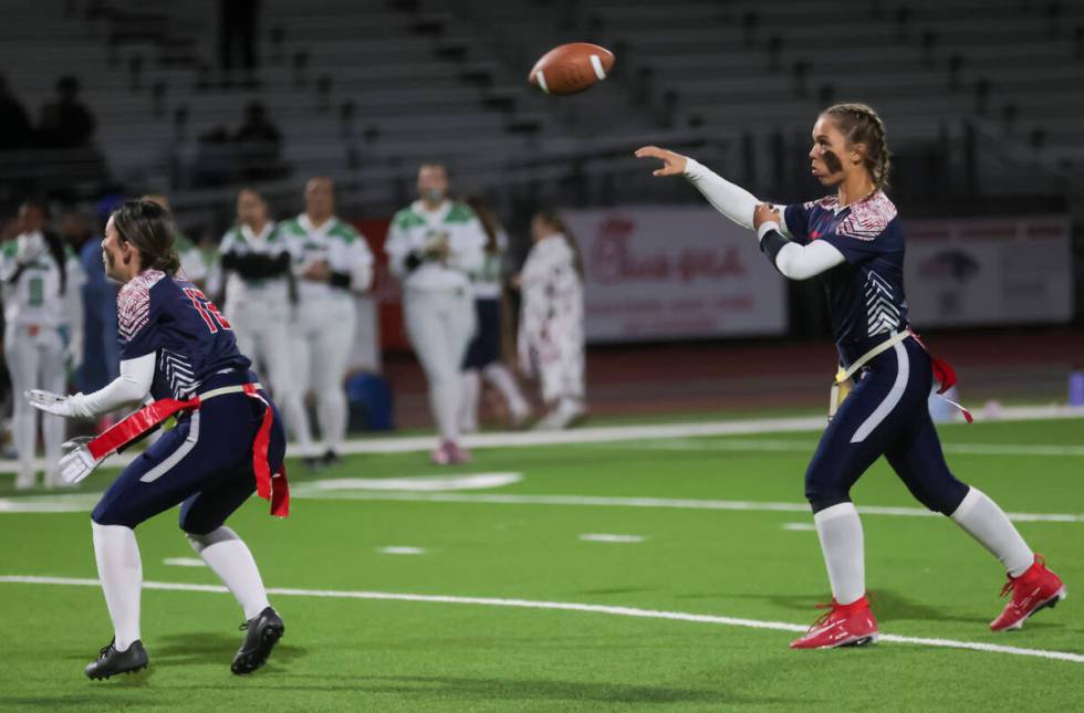 Coronado's Bailey Goldberg throws a pass while playing Green Valley during a flag football game ...