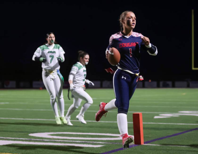 Coronado's Bailey Goldberg (1) runs the ball out of bounds while playing Green Valley during a ...