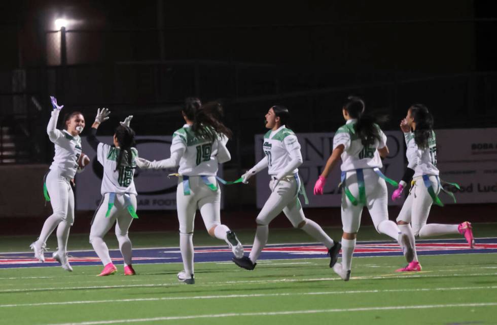 Green Valley celebrates their touchdown during a flag football game at Coronado High School on ...