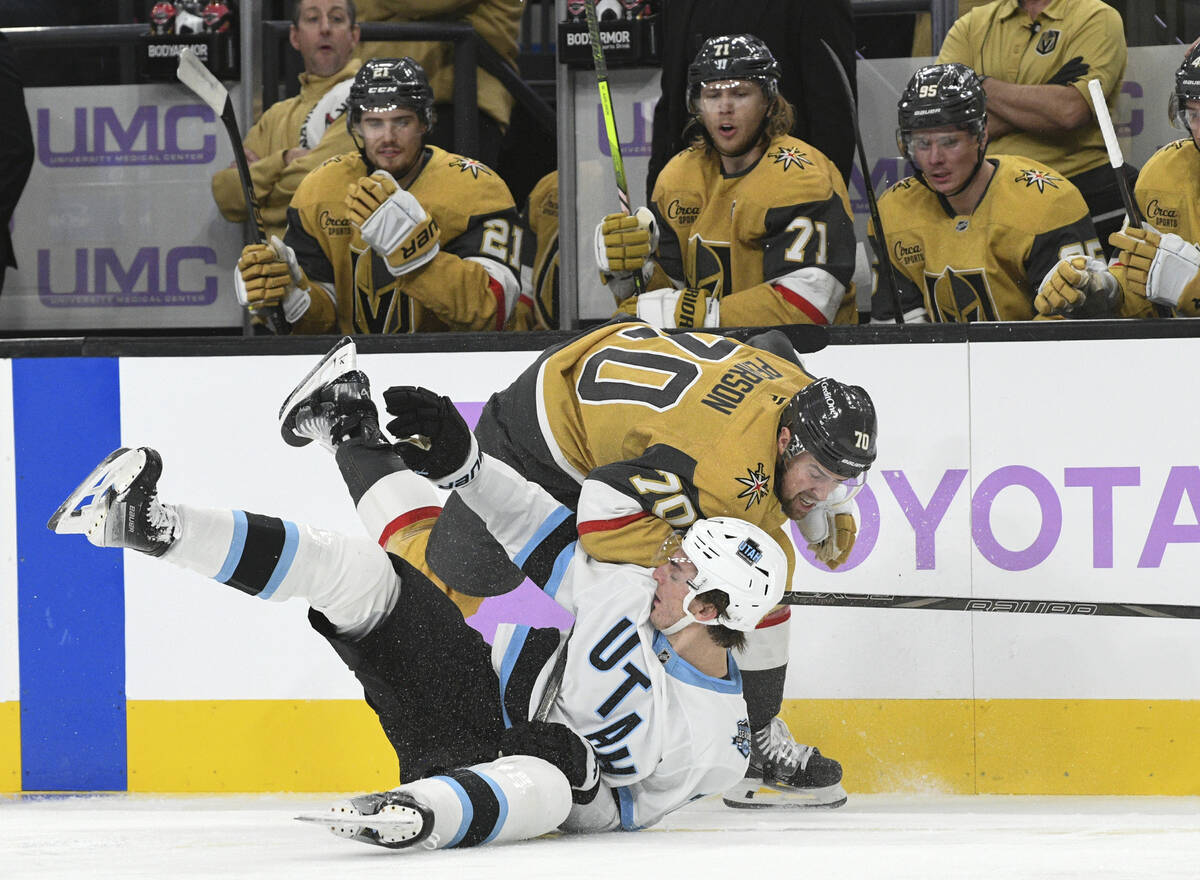 Vegas Golden Knights players react as Vegas Golden Knights left wing Tanner Pearson (70) knocks ...