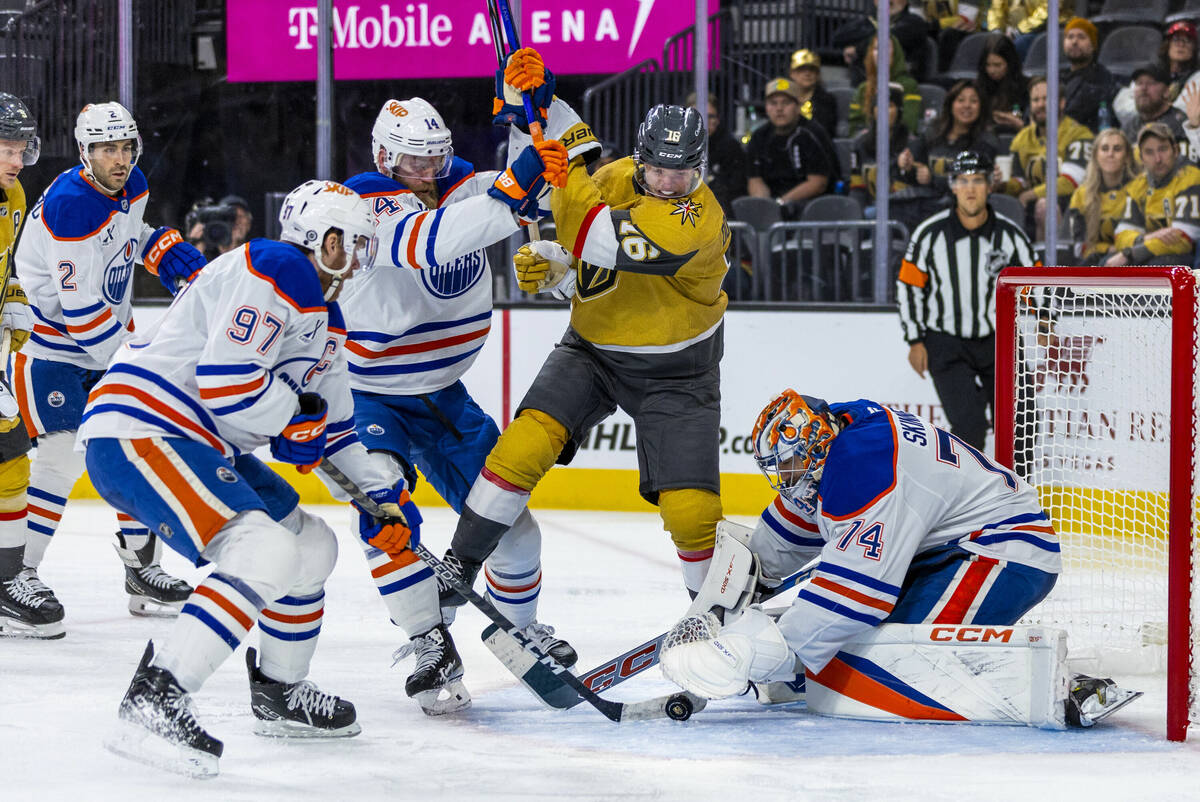 Golden Knights left wing Pavel Dorofeyev (16) has a shot blocked by Edmonton Oilers goaltender ...