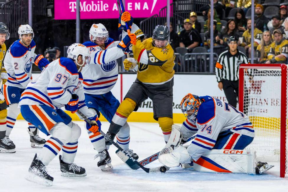 Golden Knights left wing Pavel Dorofeyev (16) has a shot blocked by Edmonton Oilers goaltender ...