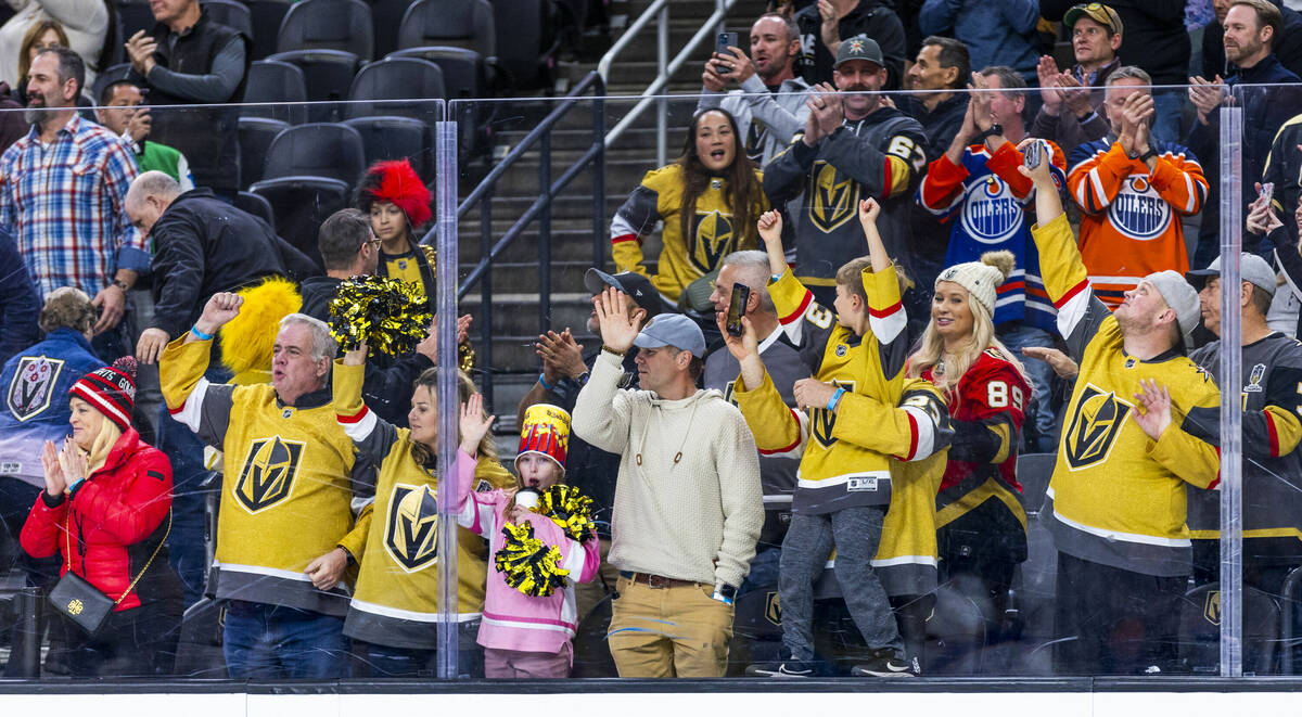 Golden Knights fans celebrate as time winds down against the Edmonton Oilers during the third p ...