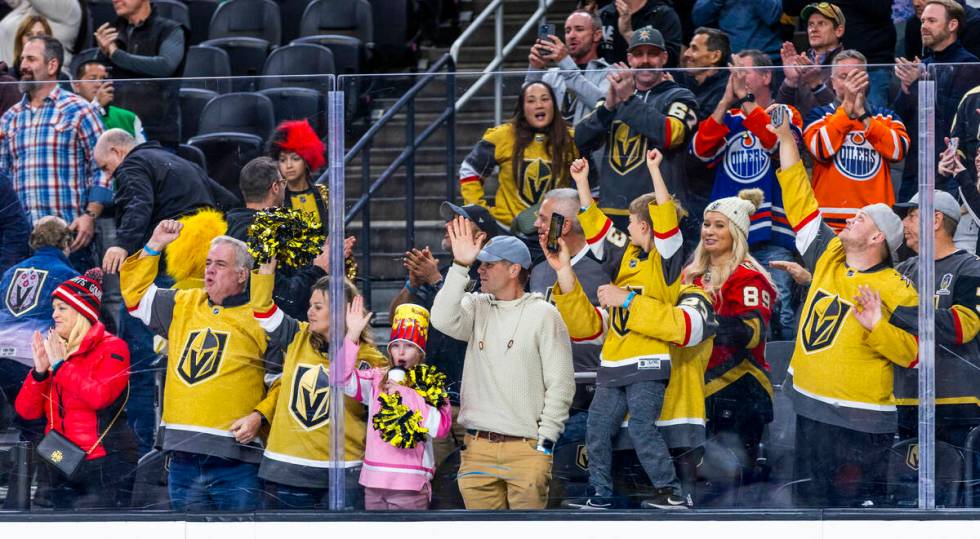 Golden Knights fans celebrate as time winds down against the Edmonton Oilers during the third p ...