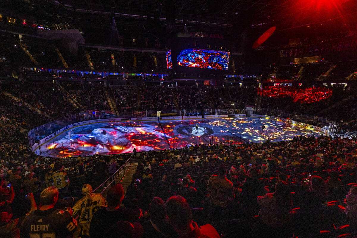 Projections on the ice before the Golden Knights take on the Edmonton Oilers in their NHL game ...