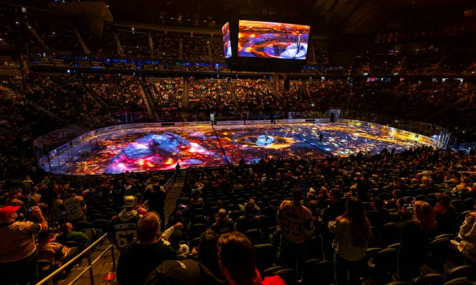 Projections on the ice before the Golden Knights take on the Edmonton Oilers in their NHL game ...