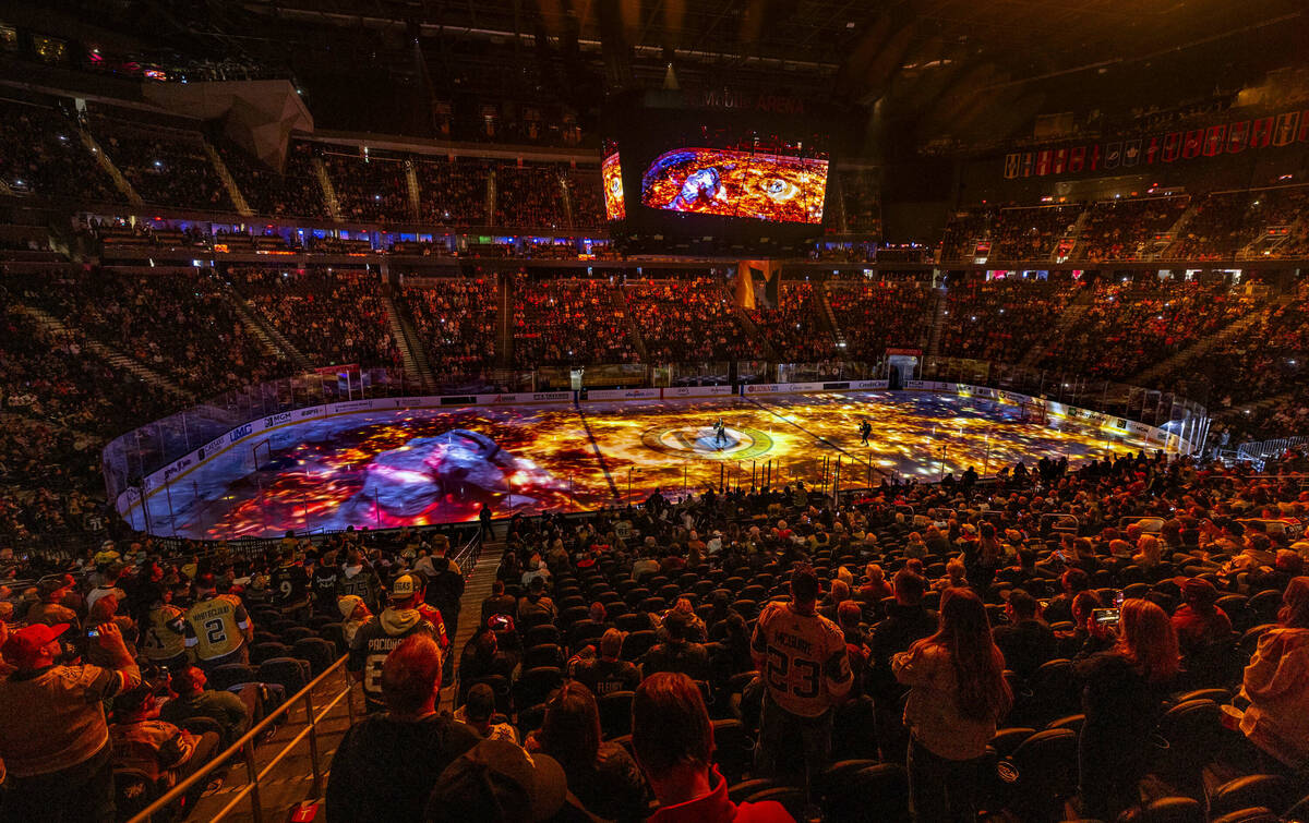 Projections on the ice before the Golden Knights take on the Edmonton Oilers in their NHL game ...