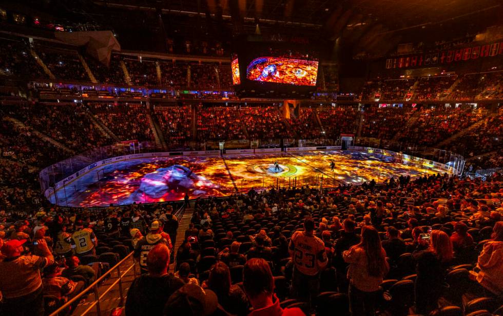 Projections on the ice before the Golden Knights take on the Edmonton Oilers in their NHL game ...