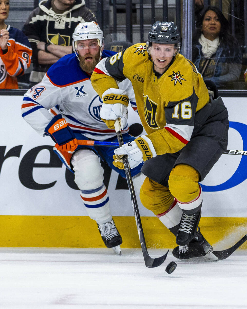 Golden Knights left wing Pavel Dorofeyev (16) advances the puck against Edmonton Oilers goalten ...