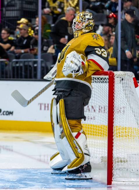 Golden Knights goaltender Adin Hill (33) kicks back on the net against the Edmonton Oilers duri ...