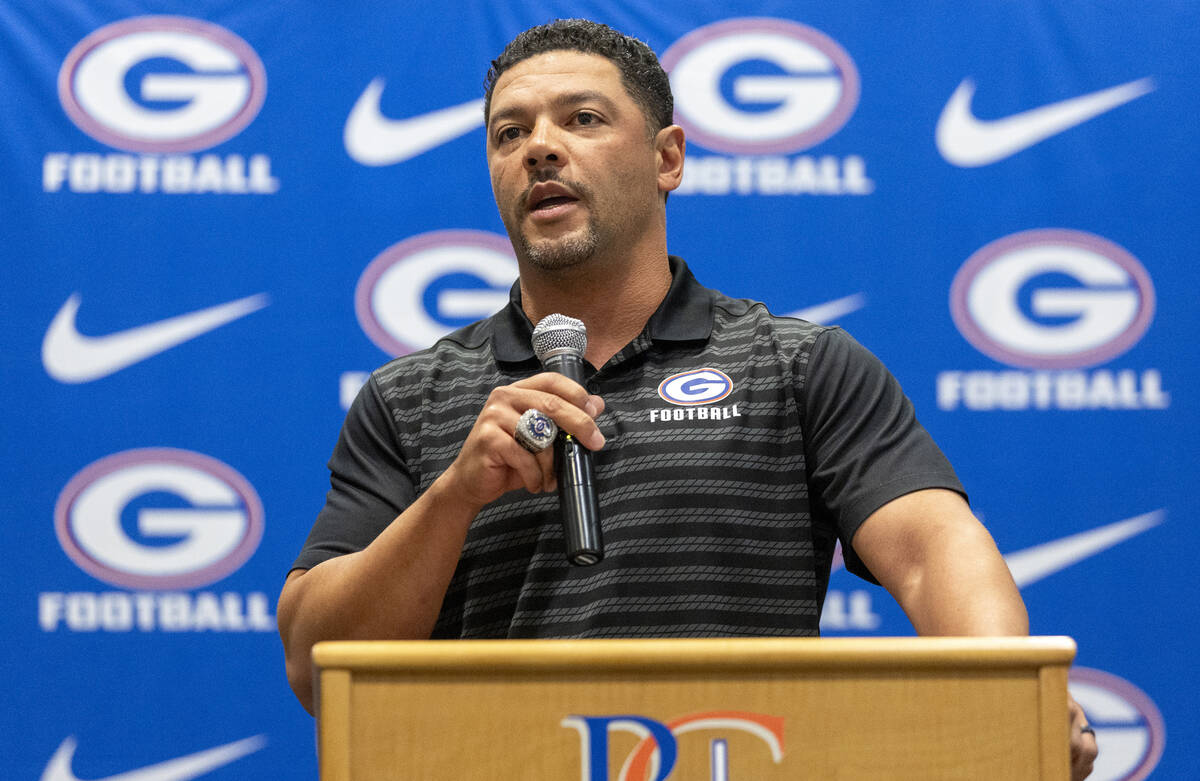 Bishop Gorman Head Coach Brent Browner speaks during the Signing Day ceremony at Bishop Gorman ...