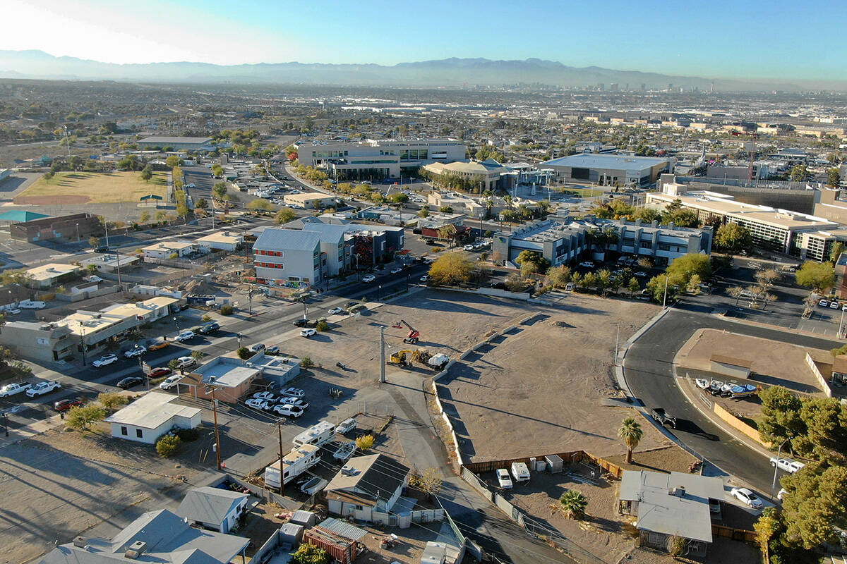 An aerial photo of property in downtown Henderson on Water Street where a plan for construction ...