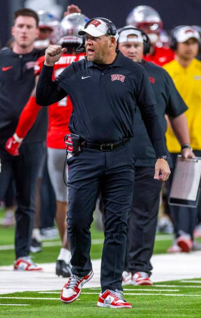 UNLV head coach Barry Odom is pleased with his team's play against the San Diego State Aztecs d ...